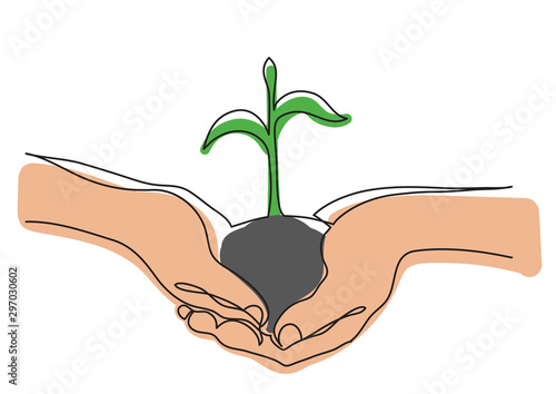 continuous line drawing of hands holding growing plant