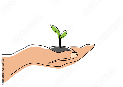continuous line drawing of hand showing growing plant