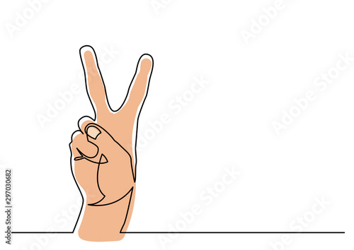 continuous line drawing of hand showing victory sign