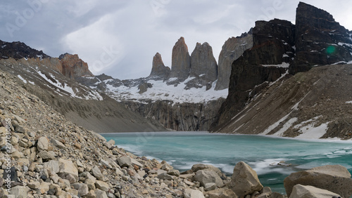 Los Torres  The Towers Base with aqua water Torres del Paine National Park  Patagonia Chile