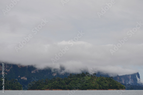 The mountain in the fog defocused blur background
