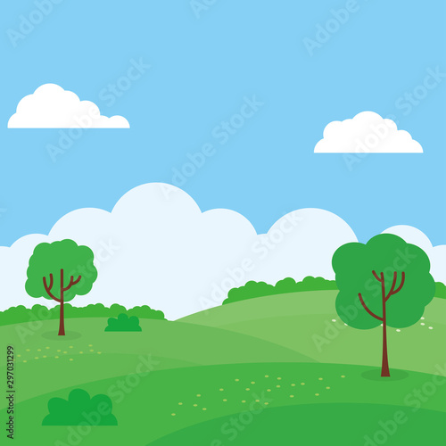 Summer landscape vector illustration with blue sky, tree and green meadow 