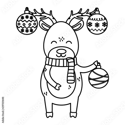 reindeer with hanging balls horns celebration merry christmas thick line