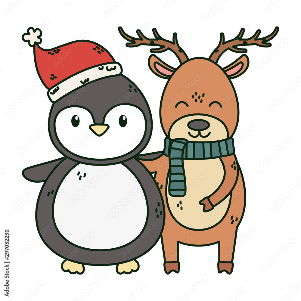 reindeer and penguin with hat celebration merry christmas