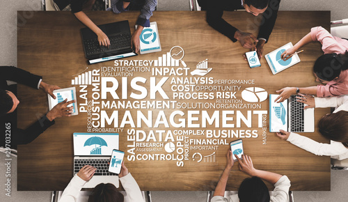 Risk Management and Assessment for Business Investment Concept. Modern graphic interface showing symbols of strategy in risky plan analysis to control unpredictable loss and build financial safety. photo