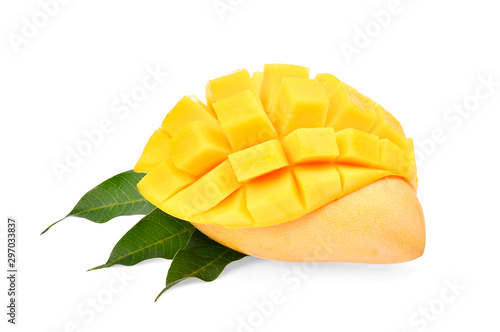 whole and slice ripe mango fruit with green leaf isolated on white background
