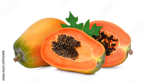 fresh ripe papaya with leaf isolated on white background