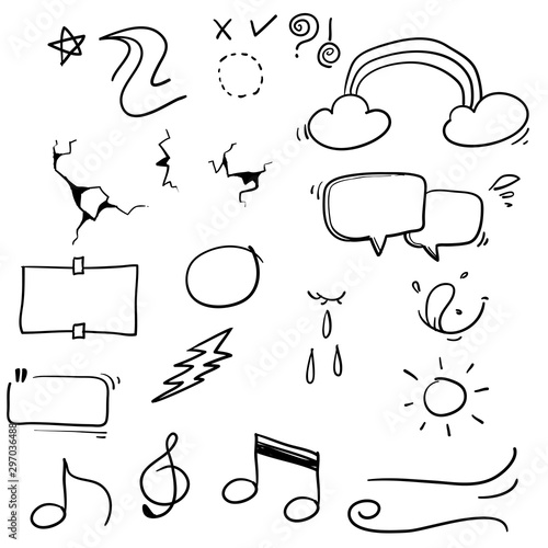 Hand drawn design elements, speech bubble, star, sun,light,check marks,rainbow,thunder,Swishes, swoops, emphasis ,swirl, heart, on white background. doodle vector