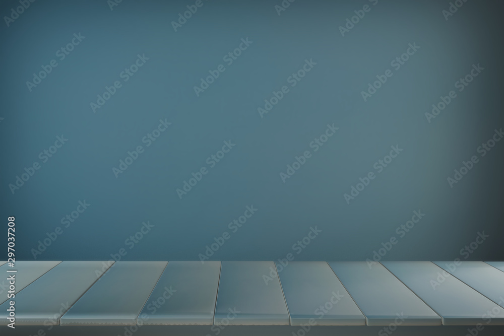 wooden table with view  blue backdrop.you can used for display products. or add your own text on space.