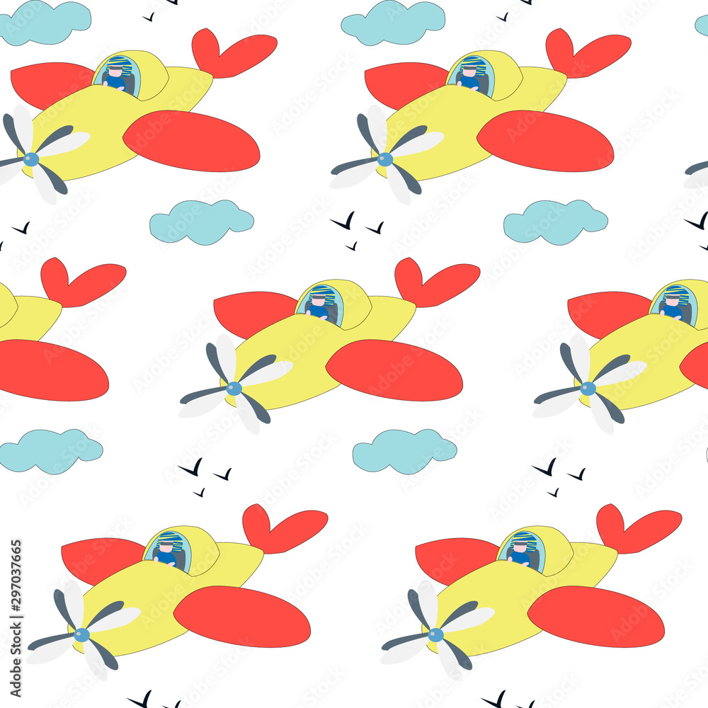 Cute pilot is flying the jet high up in the sky in kids style art. Seamless pattern. Endless texture