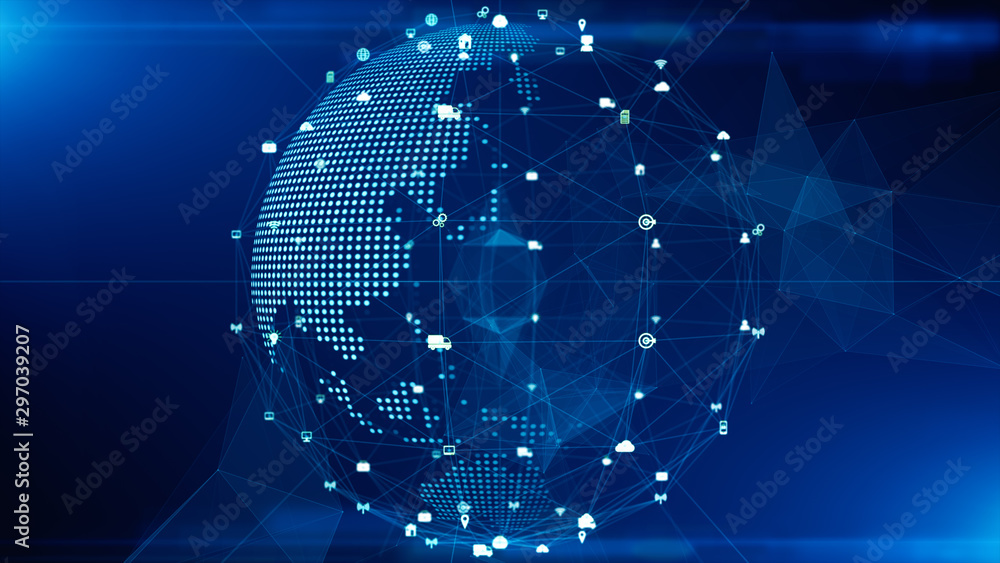 Naklejka premium Technology Network Data Connection, Digital Network and Cyber Security Concept. Earth element furnished by Nasa.
