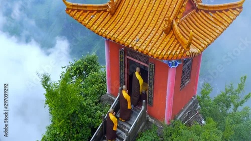 Hunyuan County, Datong, Shanxi Province, China. Aerial view of a Buddhist monastery on top of a cliff.