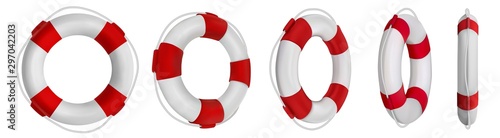 3d rescue life belt illustrations. 5 different perspectives of lifeboat, buoy. Realistic vetor illustration collection. Set of lifeline icons isolated. photo