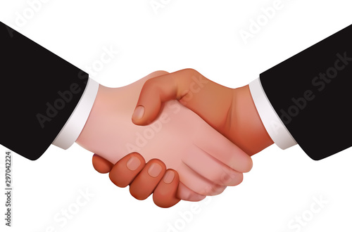 Business people shaking hands, finishing up meeting. Successful businessmen handshaking after good deal. Vector handshake illustration in realistic style. Isolated partnership icon