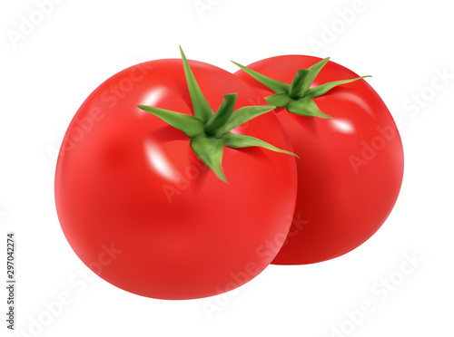 Two 3d fresh red tomatoes isolated on white background. Vector illustration in realistic style. Tomato icon Eps 10