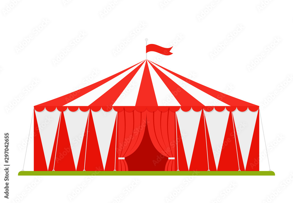 Vecteur Stock Circus tent. Vector. Carnival marquee with opened entrance  and flag in flat design. Festival red white traditional cirque. Canopy  striped arena icon, isolated. Cartoon illustration. | Adobe Stock