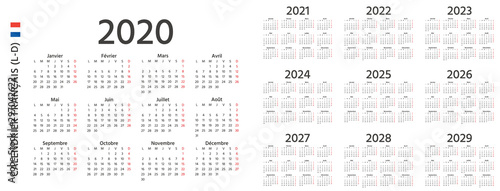 French Calendar 2020, 2021, 2022, 2023, 2024, 2025, 2026, 2027, 2028, 2029 years. Week starts Monday. Vector. France calender wall template. Yearly organizer. Horizontal orientation. Simple design.
