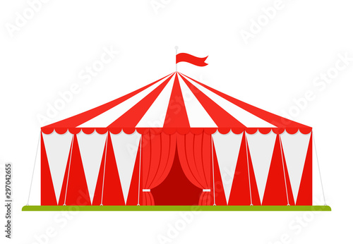 Circus tent. Vector. Carnival marquee with opened entrance and flag in flat design. Festival red white traditional cirque. Canopy striped arena icon, isolated. Cartoon illustration.