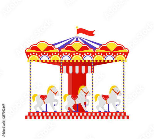Carousel horse. Merry go round. Vector. Vintage amusement park carrousel. Funfair ride flat icon, isolated on white background. Cartoon illustration. Swinging playground.
