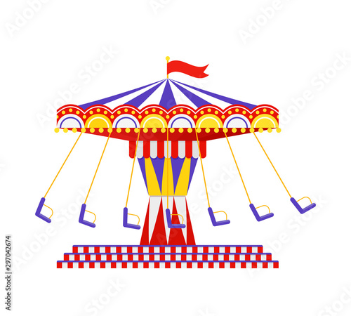 Swing carousel ride. Vector. Vintage carrousel. Amusement park theme. Funfair flat icon, isolated on white background. Cartoon illustration. Swinging playground.