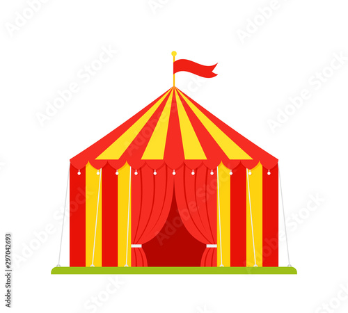 Circus tent. Vector. Carnival marquee with opened entrance, flag. Festival funfair arena. Red yellow traditional cirque. Flat design. Canopy striped isolated on white background. Cartoon illustration