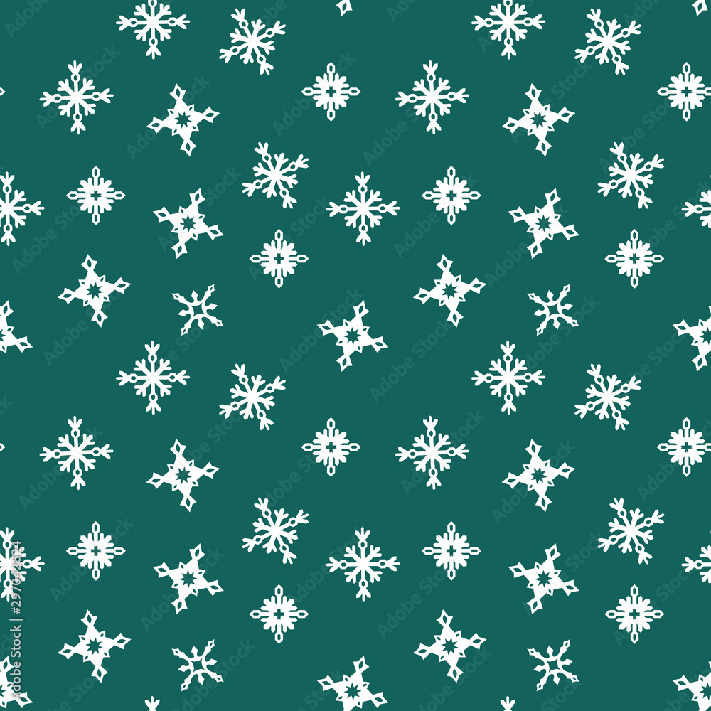 Winter seamless pattern with white snowflakes random oriented on dark green background. Vector illustration. Winter seamless pattern with white snowflakes random oriented on dark green background. Vector illustration.