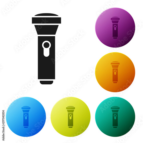 Black Flashlight icon isolated on white background. Set icons colorful circle buttons. Vector Illustration