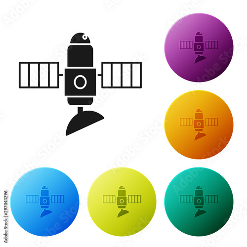 Black Satellite icon isolated on white background. Set icons colorful circle buttons. Vector Illustration