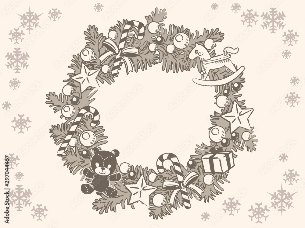 Christmas wreath with pine branches and decorative items. Vintage style. Vector illustration.