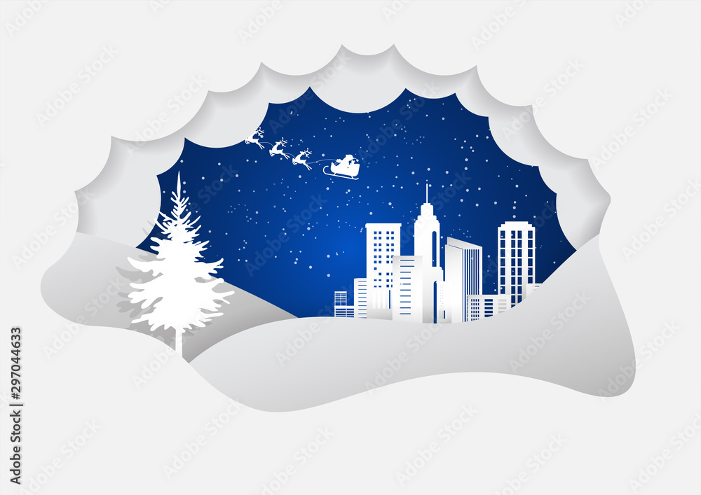 Merry Christmas and Happy New Year. Vector Illustration of Santa Claus and star on the sky coming to City ,paper art and digital craft style.