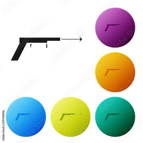 Black Fishing harpoon icon isolated on white background. Fishery manufacturers for catching fish under water. Diving underwater equipment. Set icons colorful circle buttons. Vector Illustration