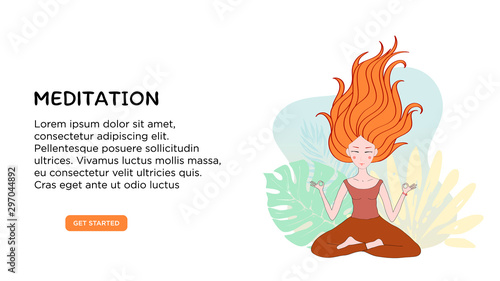Banner or screen template for school website or yoga studio, meditation classes. Bright banner with practicing meditation by a red-haired girl on a background of tropical plants. Vector