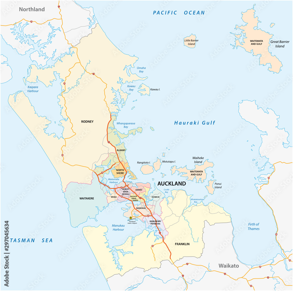 Administrative and political map of the New Zealand city Auckland
