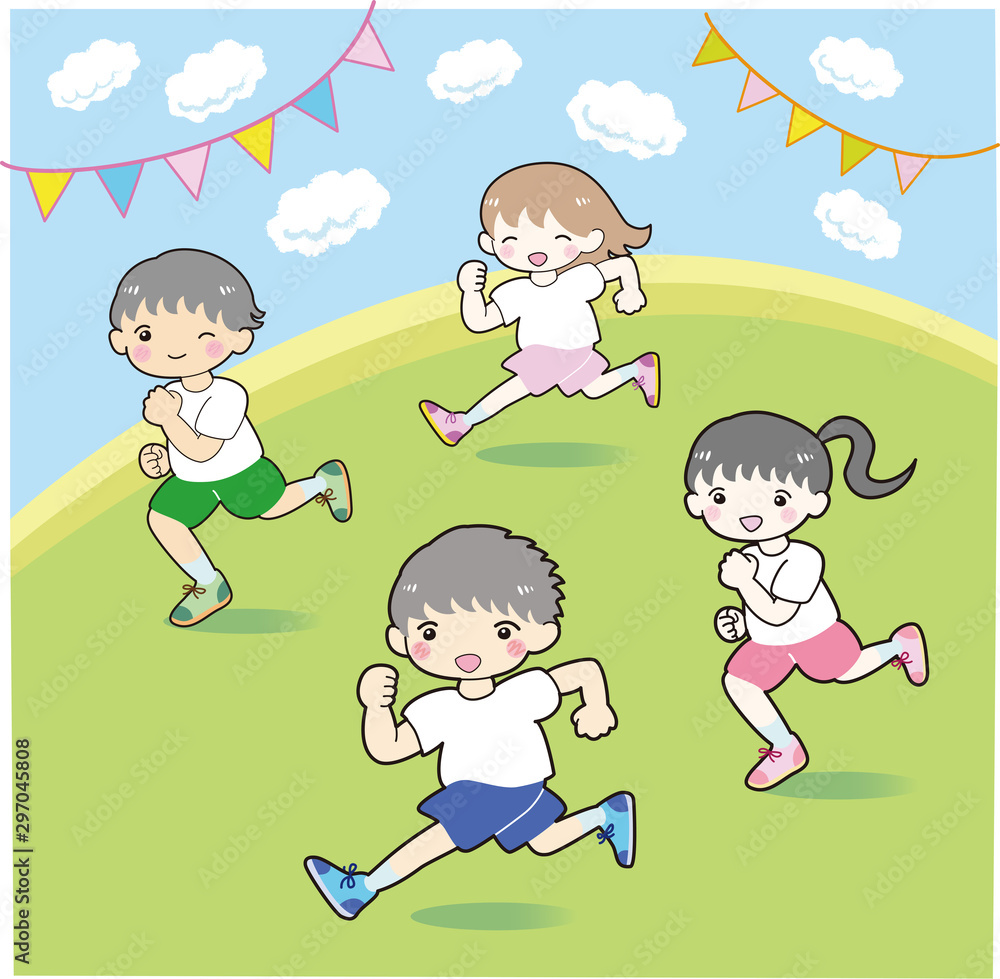 走る 子どもたち 4人 セット 背景付き 男の子 女の子 体操着 ランニング イラスト Stock Vector Adobe Stock