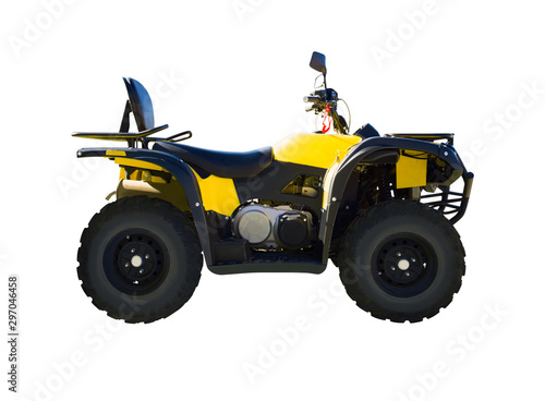 Yellow ATV vehicle isolated on white background. Four wheeled quad bike for off-road riding