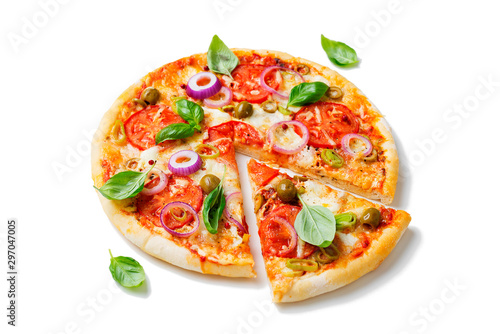 Italian pizza with melted mozzarella cheese green olives and tomato garnished with fresh vegetables and basil leaves.isolated on white background