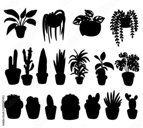 Set of hygge potted succulent plants black silhouettes. Cozy lagom scandinavian style collection of plants symbols