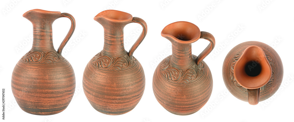 Set beautiful clay jugs in different angles isolated on white - obrazy, fototapety, plakaty 