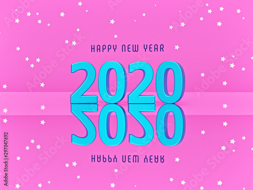poster of 2020 happy new year on pink background with stars. minimal greeting card. 3d rendering