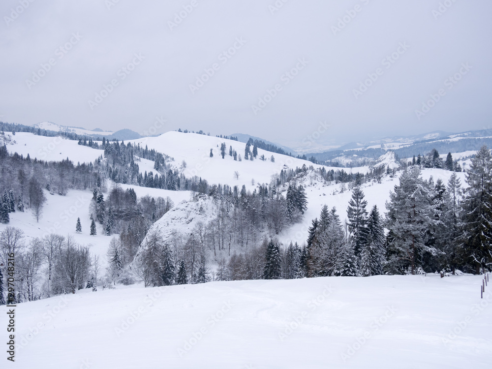 Winter mountains landscape. Beresnik Mount, Smolegowa and Kociubylska Skala in Pieniny, Poland.