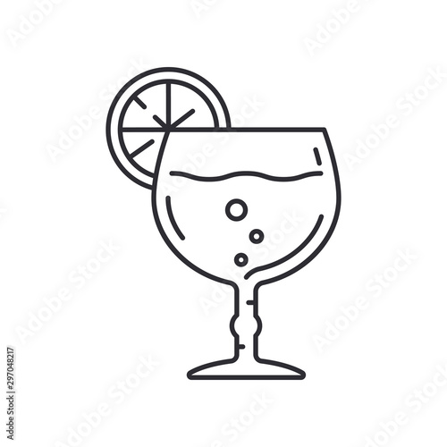 Line wineglass, tropical cocktail cup, toast icon. Binge, drink, champagne, wine. Party celebration, holidays event, adult carnival element icon. Vector linear design. Illustration vintage object.
