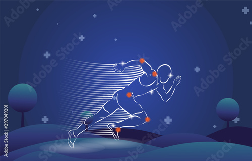 Medical infographic orthopedic. Human silhouette in running motion injury of elbow, shoulder, pelvis, knee and foot. Radiology orthopedic, hospital, joint, sport, diagnostics. Vector illustration