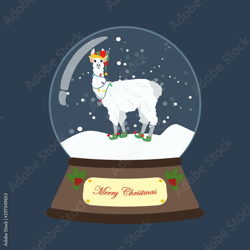 Llama in christmas costume in snowball