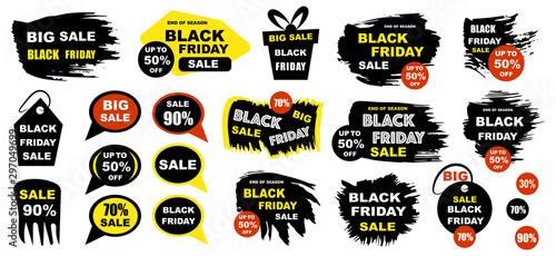 Black Friday sale design elements. Black Friday sale inscription labels, stickers. Vector illustration