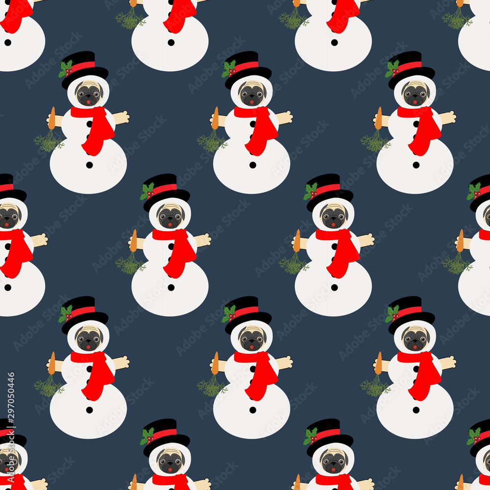 Pug in snowman costume seamless pattern