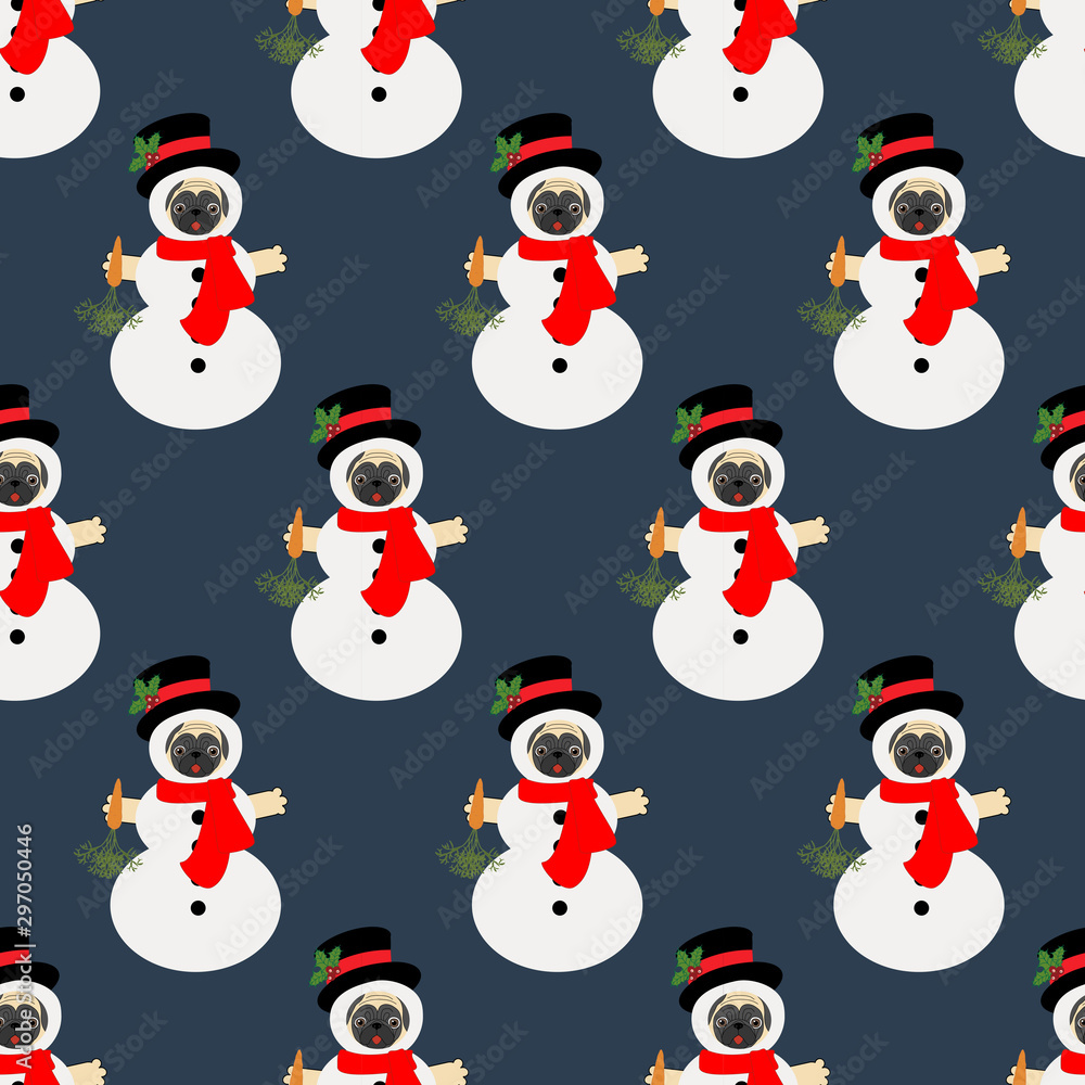 Pug in snowman costume seamless pattern Pug in snowman costume seamless pattern