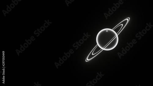 3d illustration of black sphere with white light glow and two white light ring in the dark space 