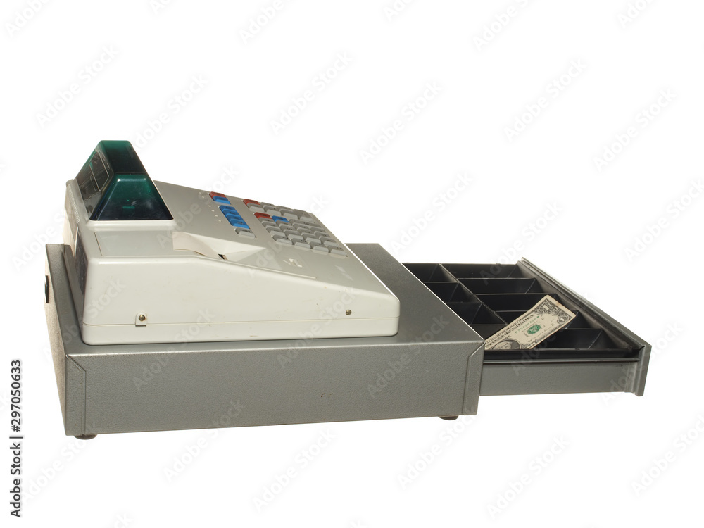 Cash register on a white background. Drawer is open. Inside a one dollar bill. Cash register on a white background. Drawer is open. Inside a one dollar bill.
