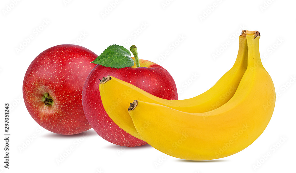 Fresh bananas and red apples isolated on white background with clipping path Fresh bananas and red apples isolated on white background with clipping path
