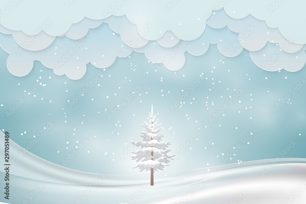 Natural Winter Christmas background with sky and tree, heavy snowfall, snowflakes in different shapes and forms, snowdrifts. Winter landscape with falling christmas shining beautiful snow. 